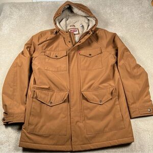 Levis Coat Camel Brown Sherpa Lined Patch Snap Pockets Hooded Zip up Mens Medium
